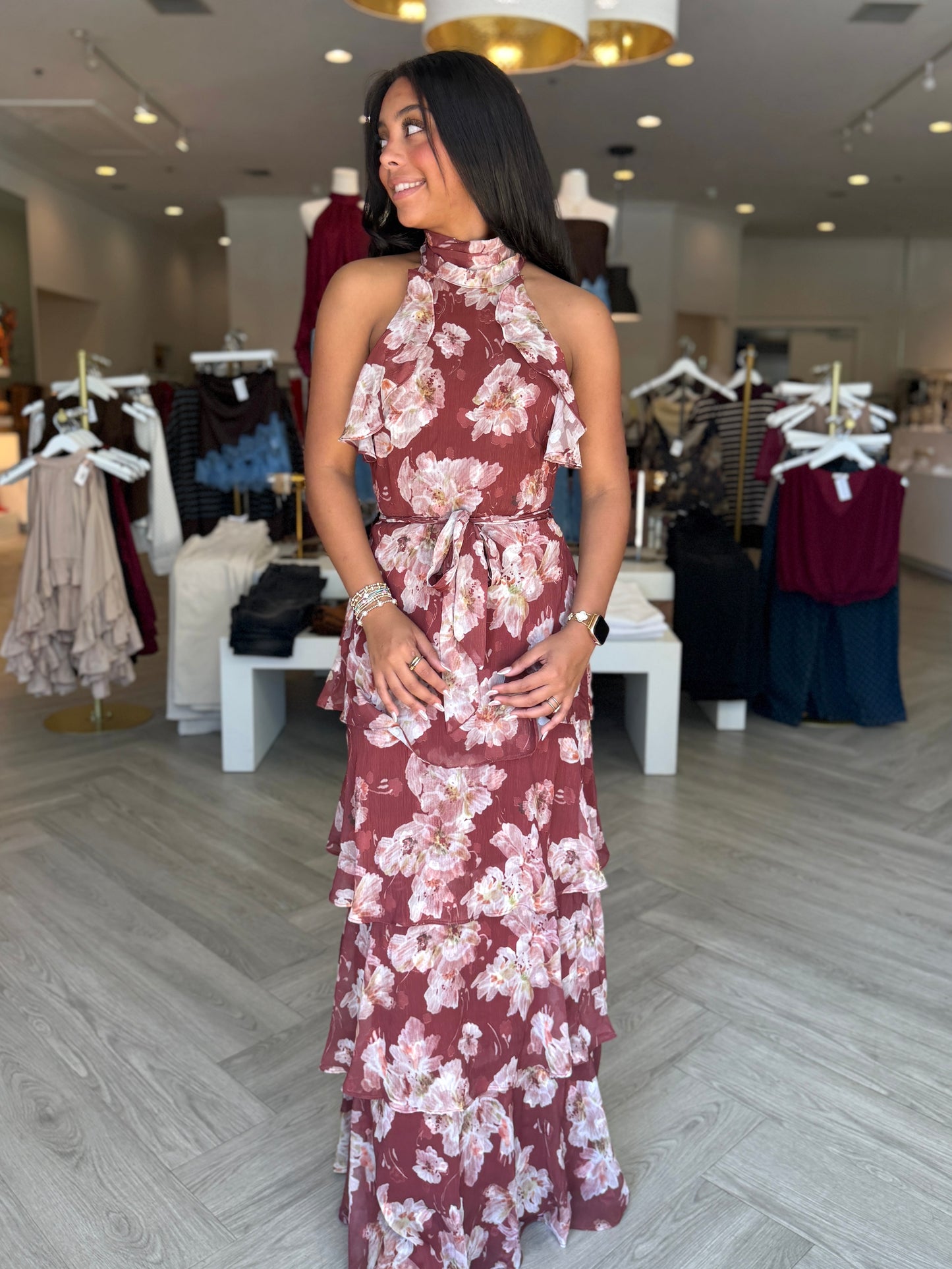 Wine Tiered Floral Maxi Dress
