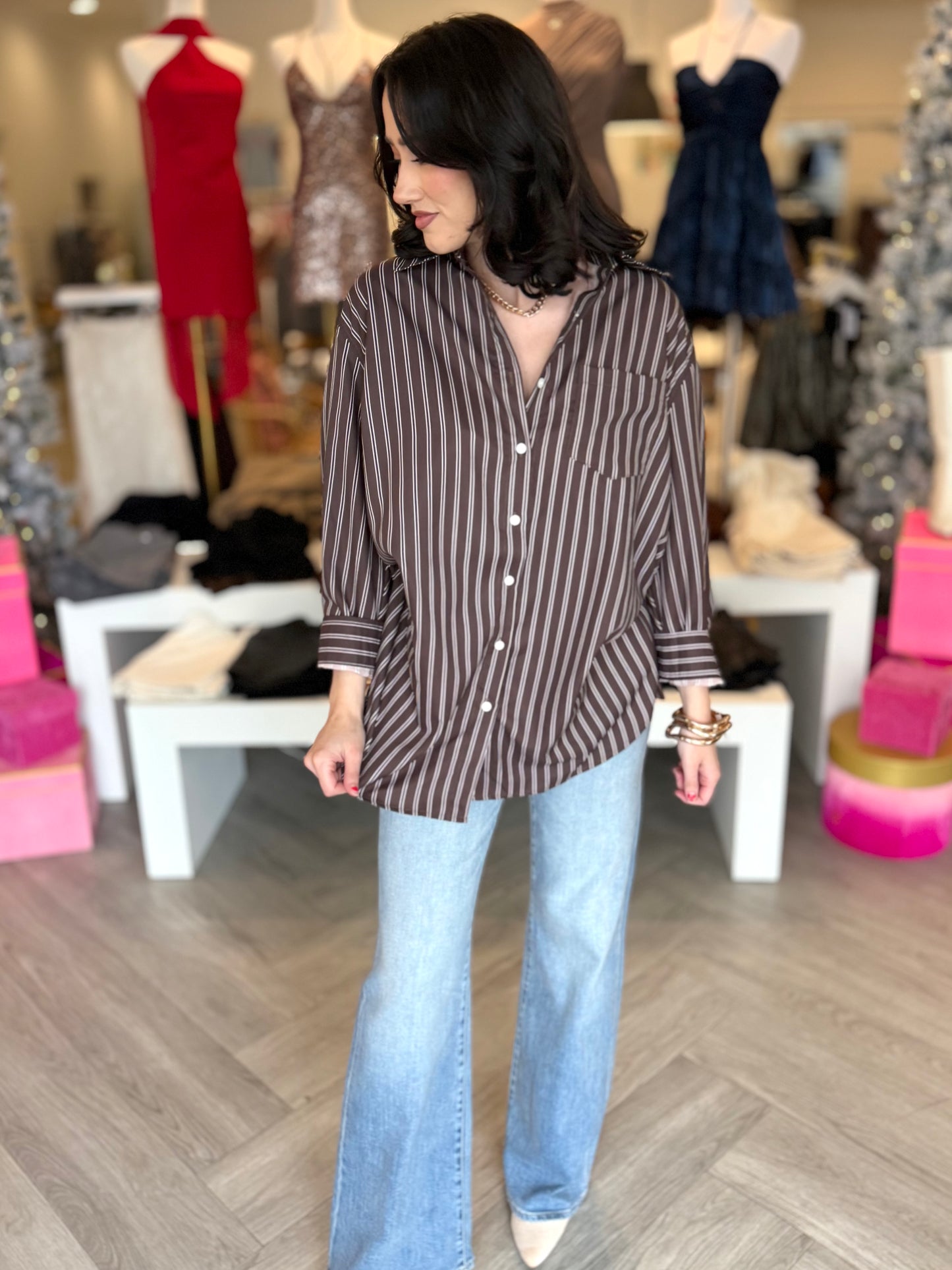 Brown Striped Loose Fit Shirt