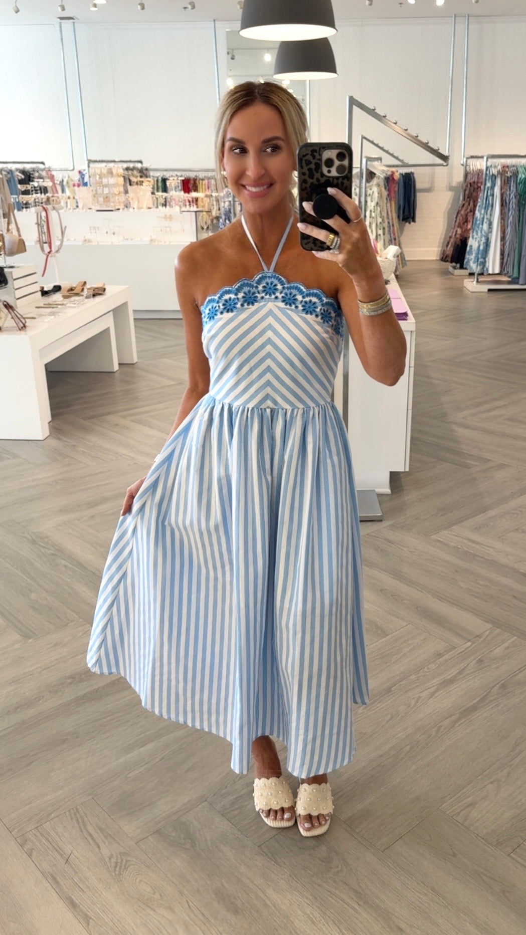 Blue Scalloped Halter Embr. Midi