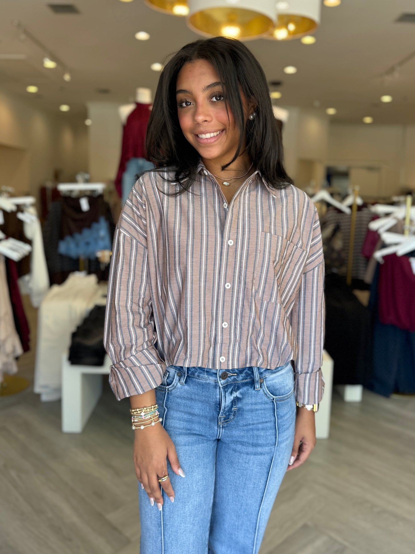 Brown Stripe Bubble Hem Top
