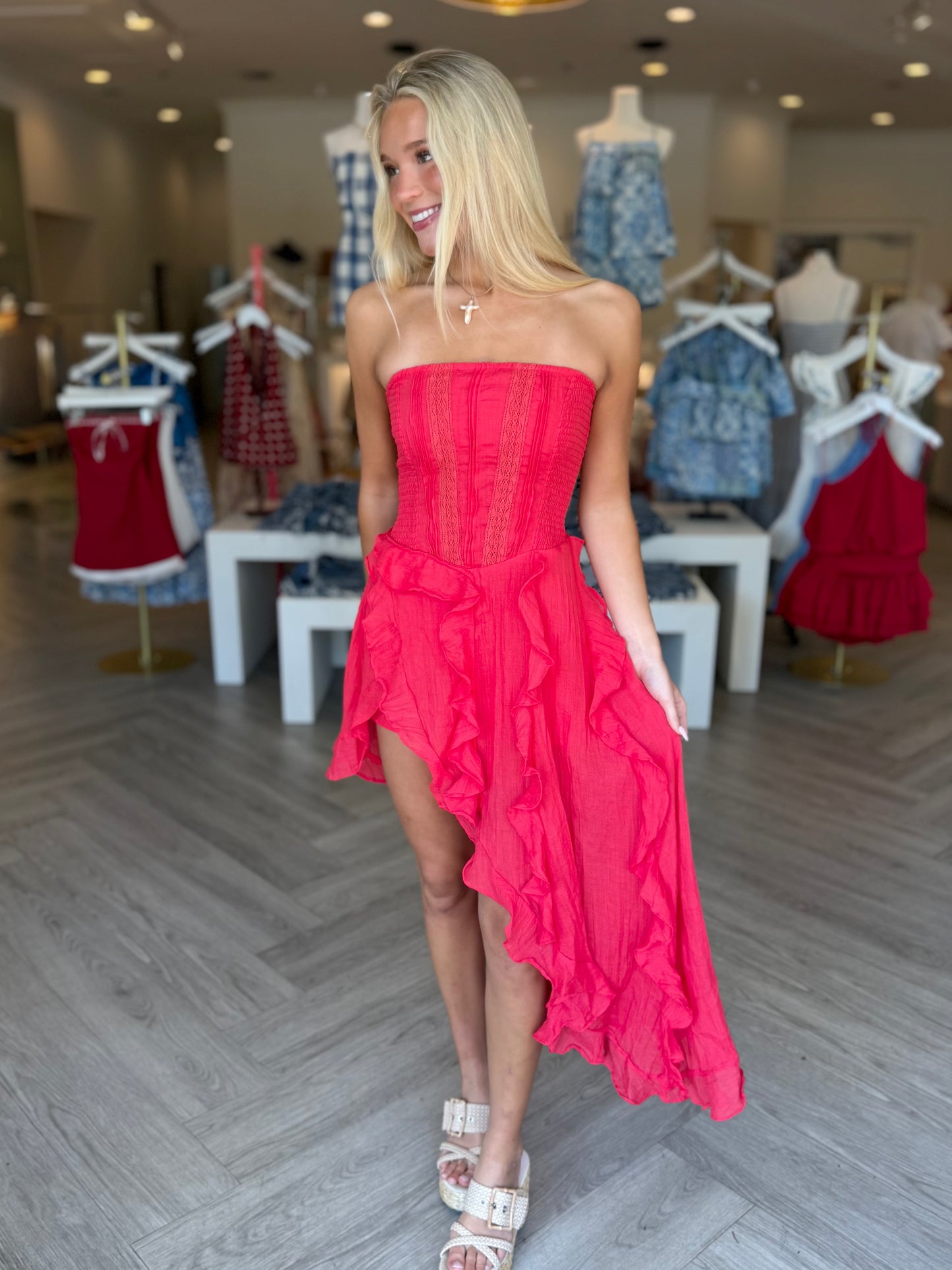 Red Hi-Lo Ruffle Dress