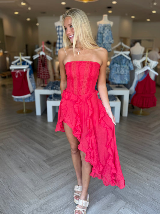 Red Hi-Lo Ruffle Dress