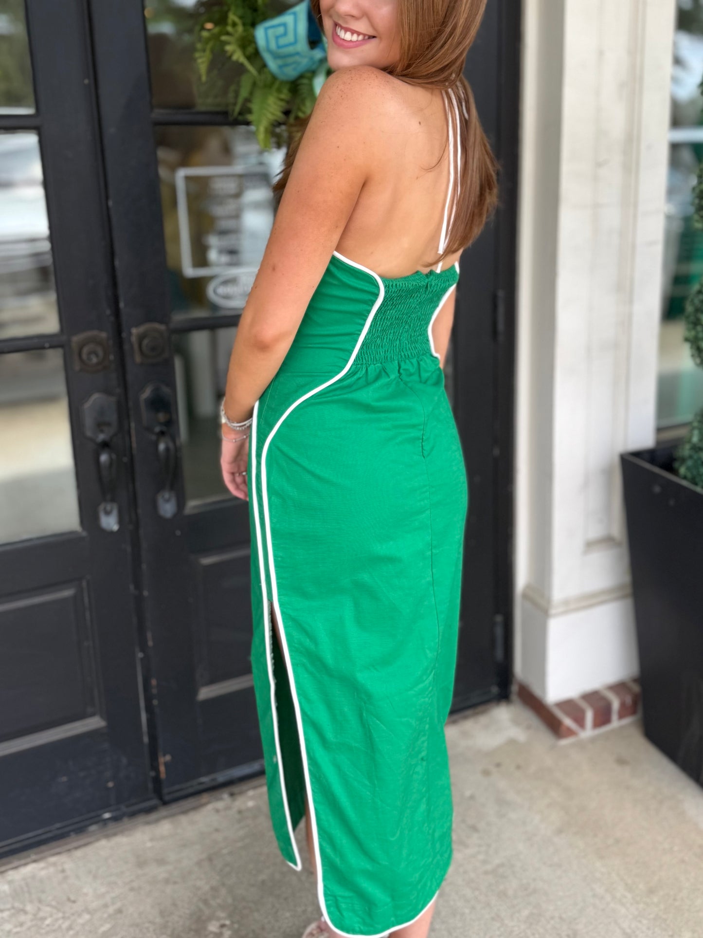 Kelly Green Contrast Piping Midi
