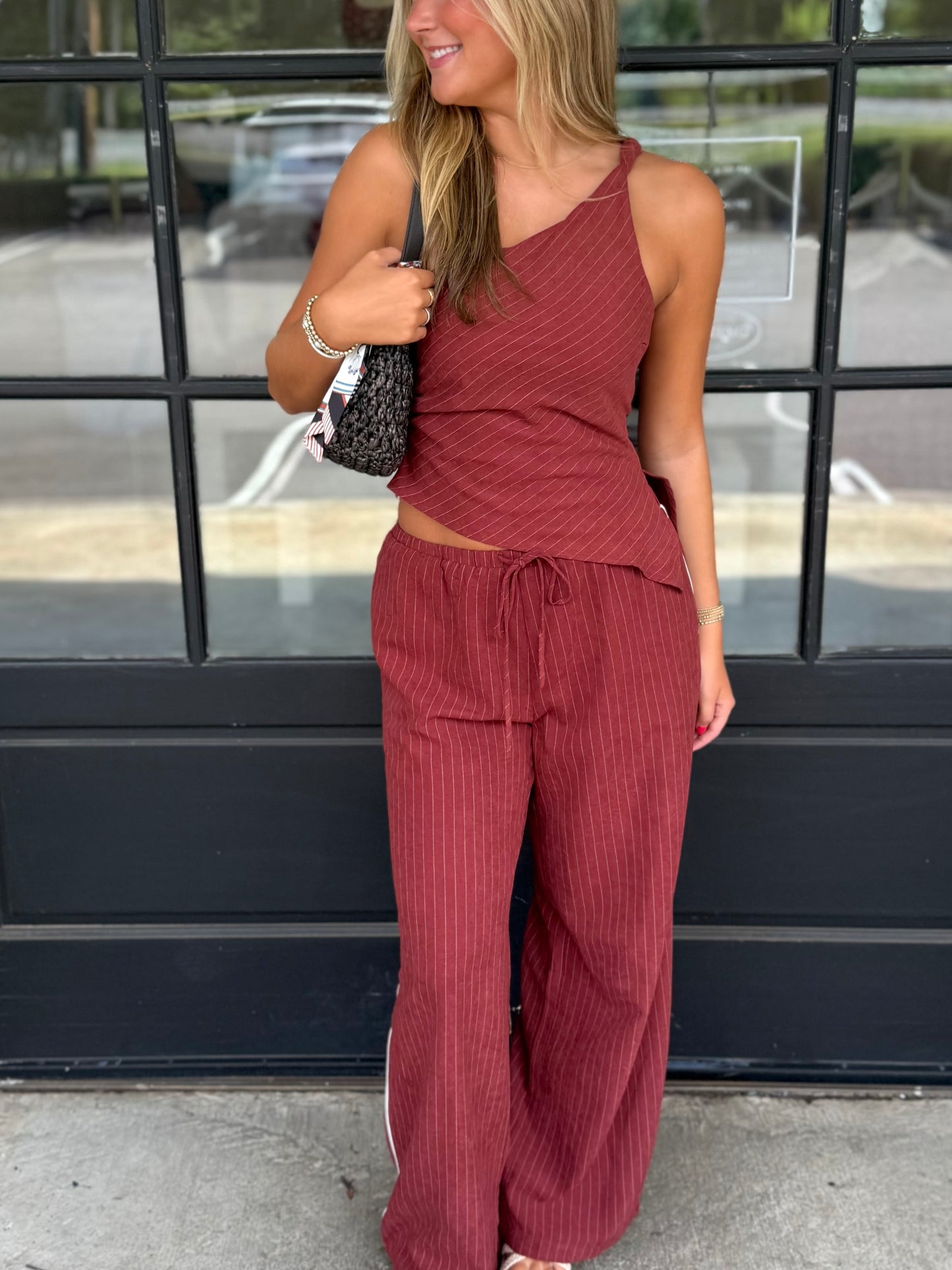 Burgundy Stripe Asymmetrical Top