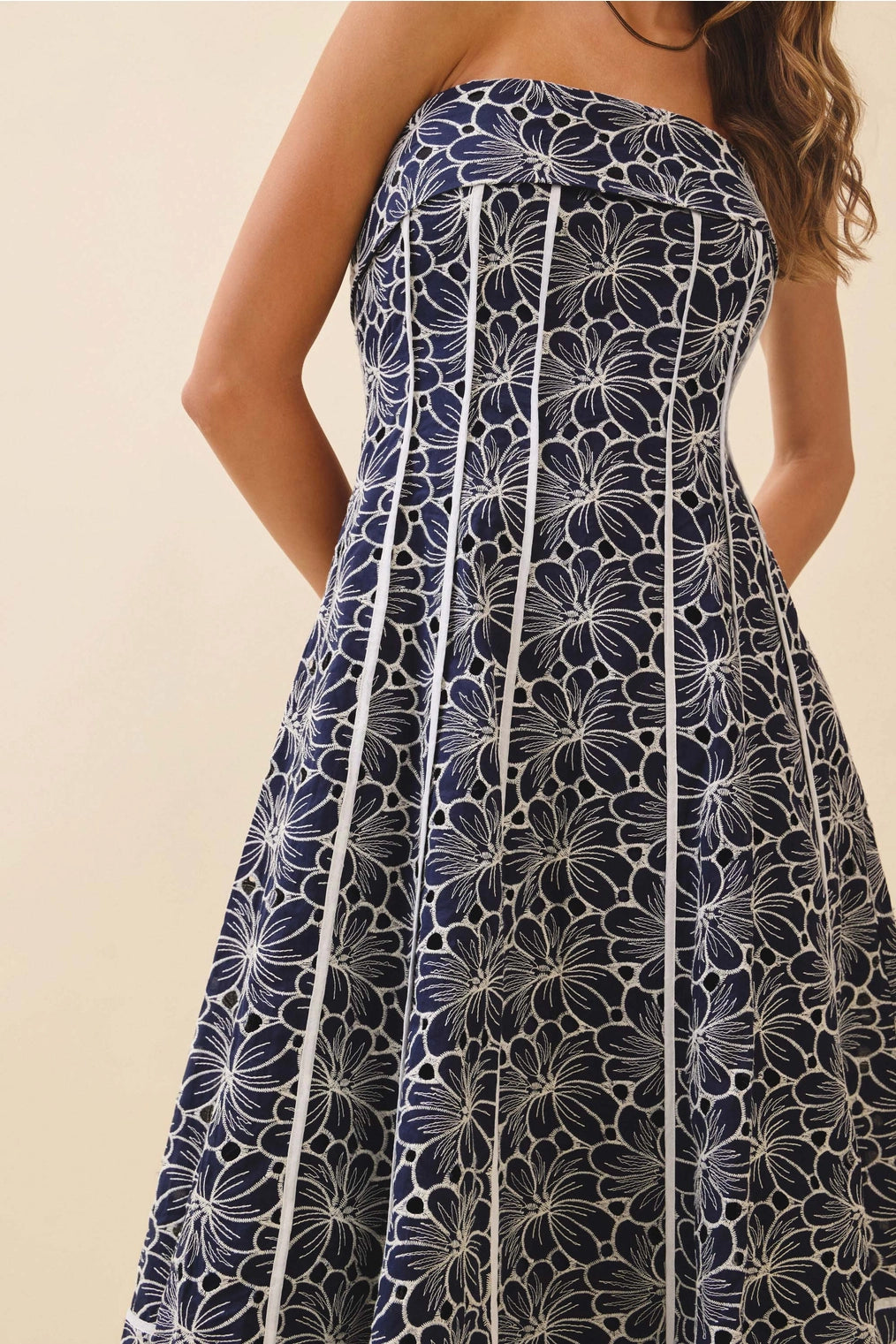 Navy Floral Piping Strapless Midi