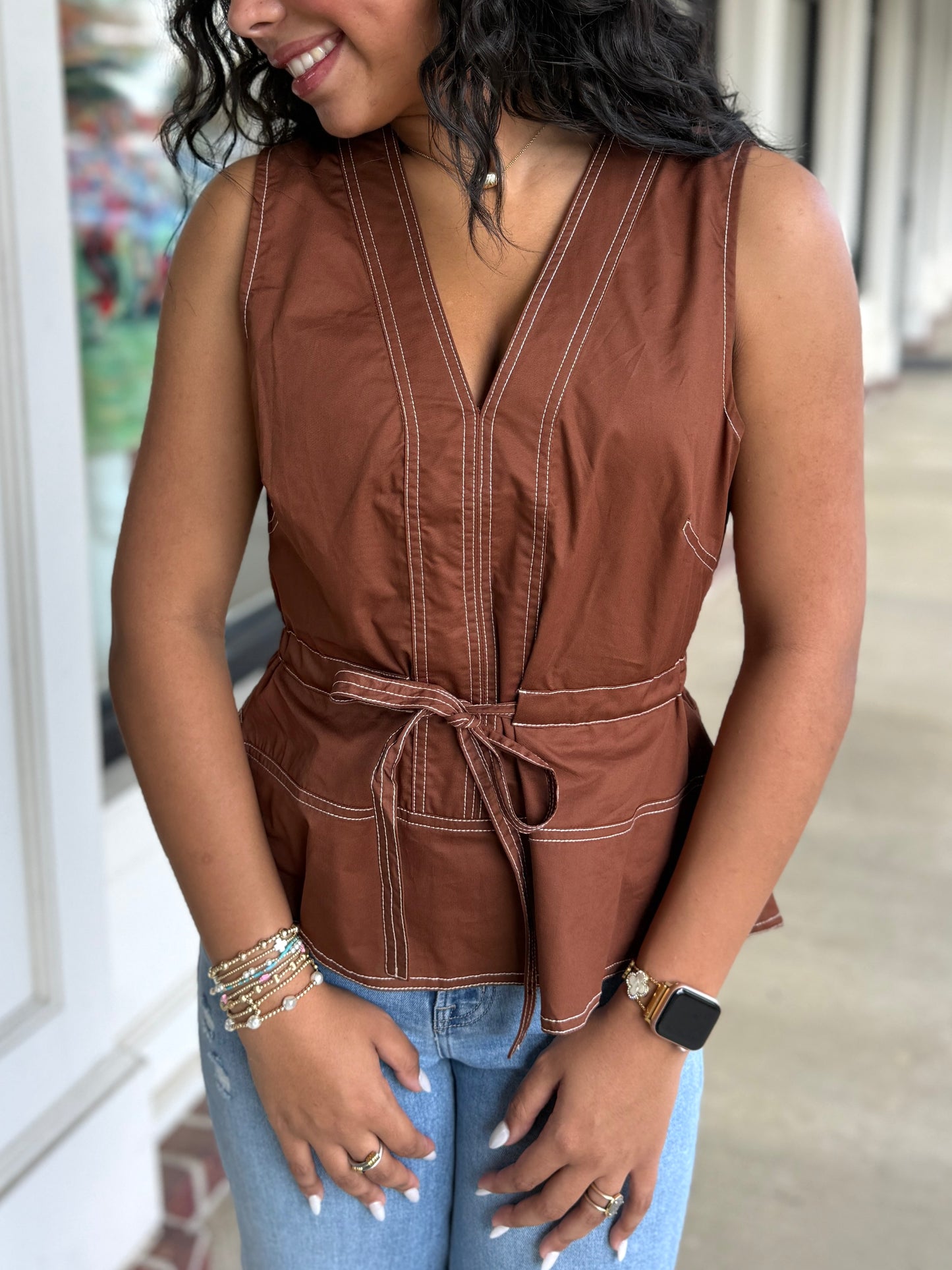 Brown Stitched Peplum Top