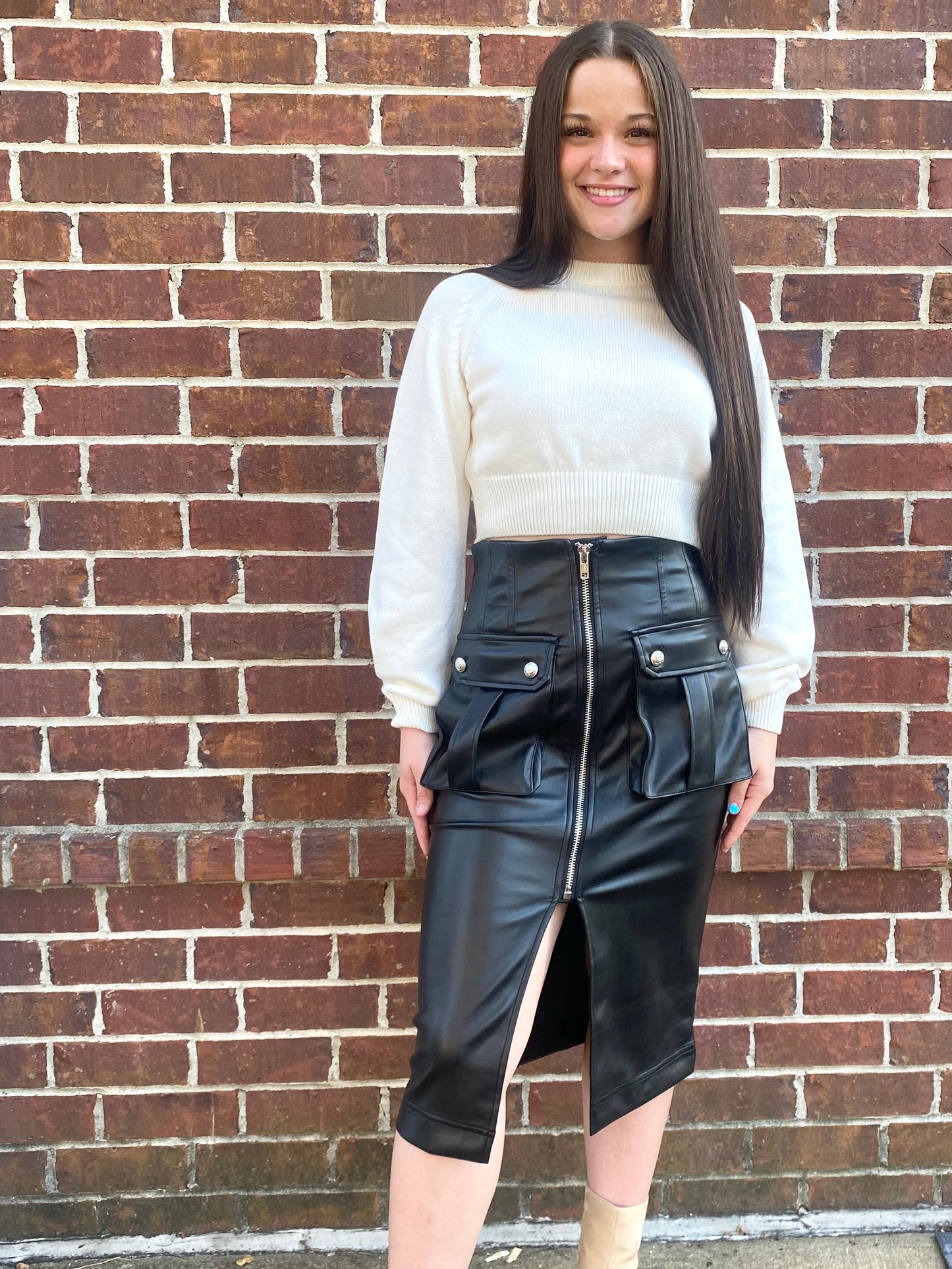 Black Midi Leather Cargo Skirt