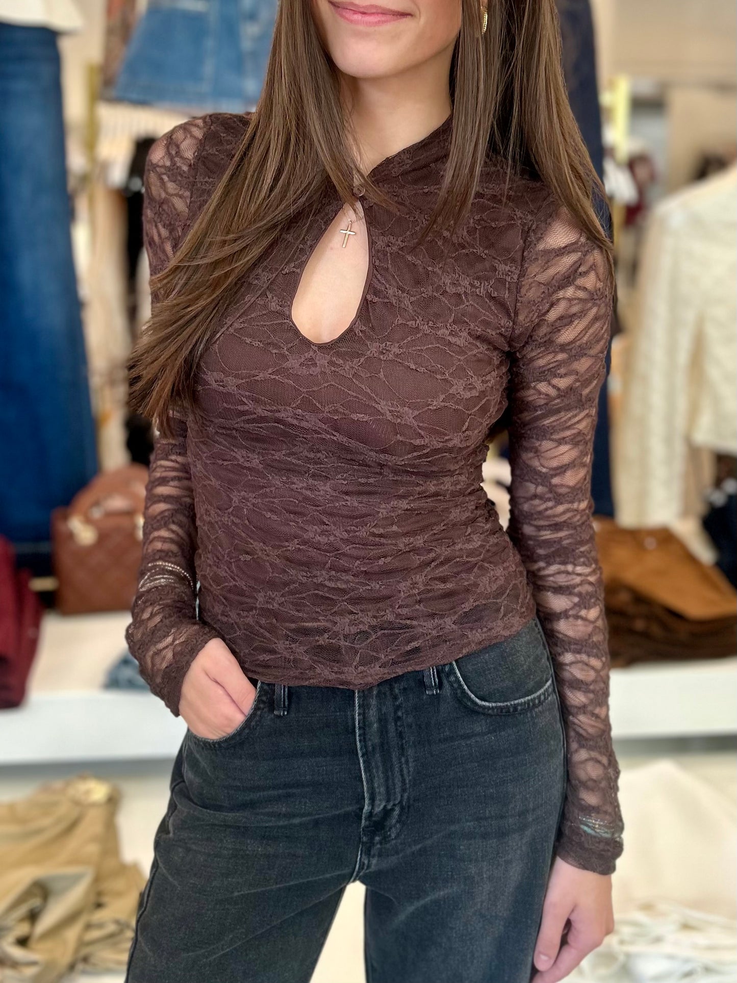 Lace Neckline L/S Top (2 colors)