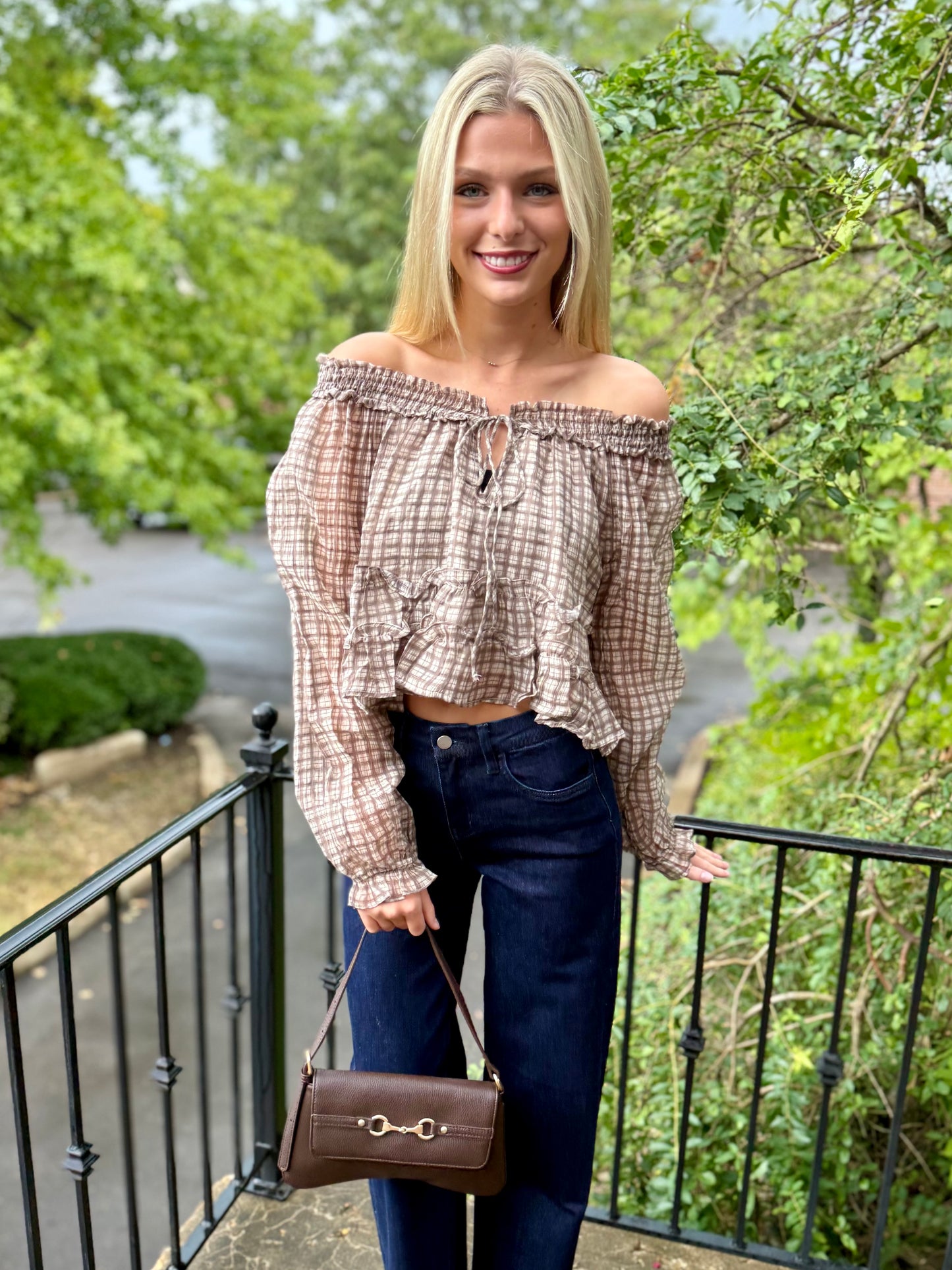 Brown Plaid Smocked Top
