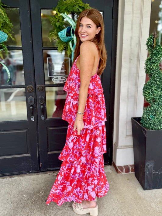 Red Pink Halter Tiered Maxi