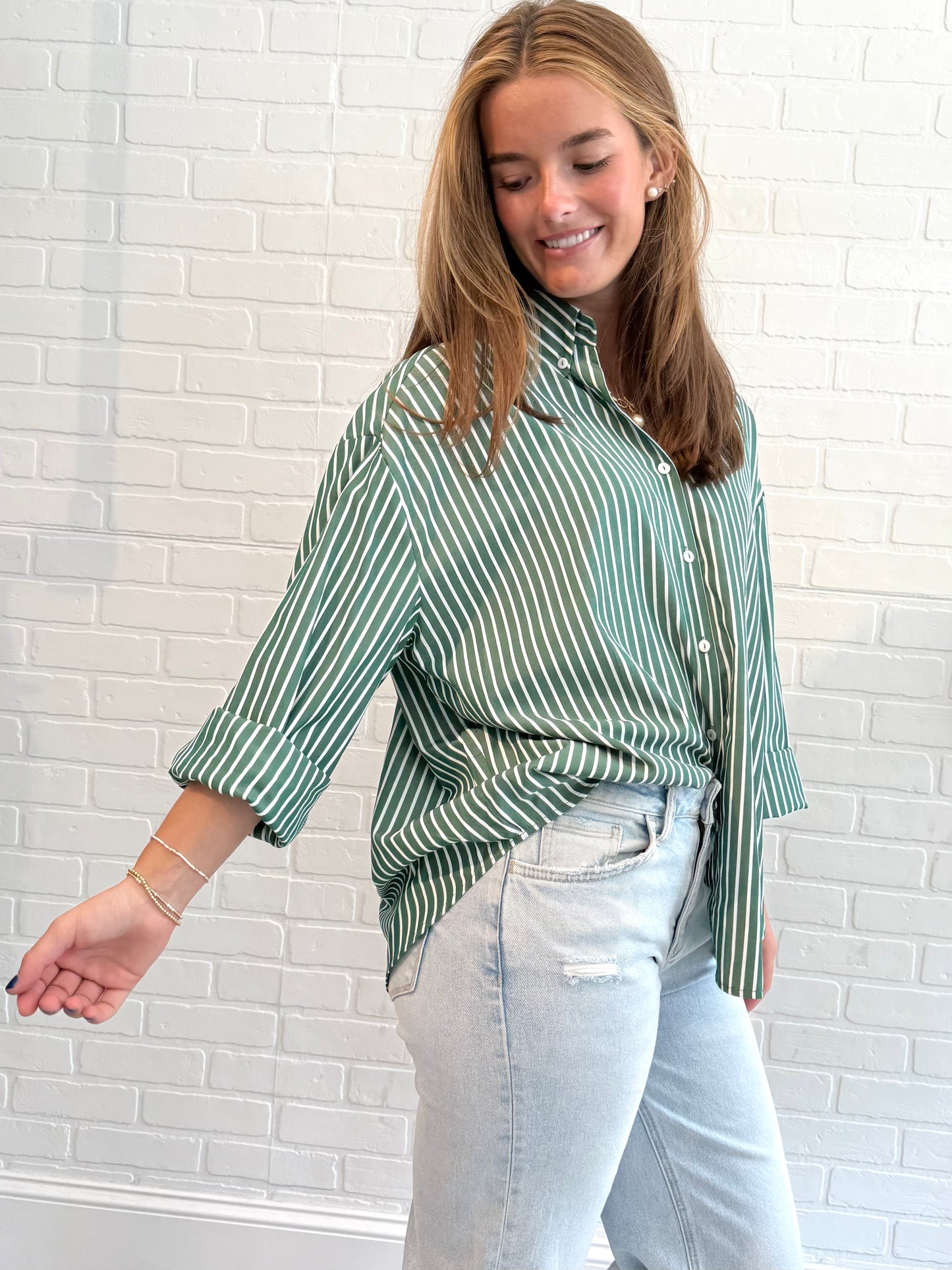 Green/White Stripe Button Down