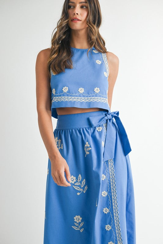 Blue Boho Stitched Floral Skirt