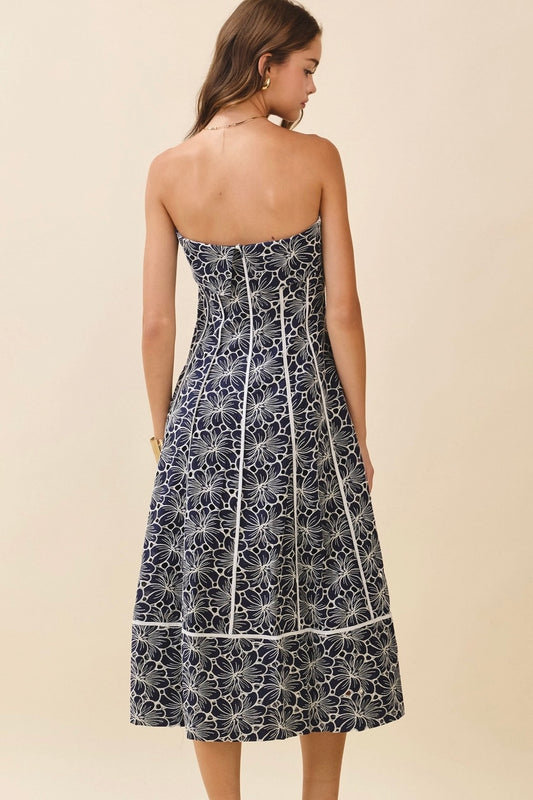 Navy Floral Piping Strapless Midi