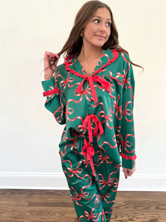 Green/Red Bow Satin Pajamas (SET)