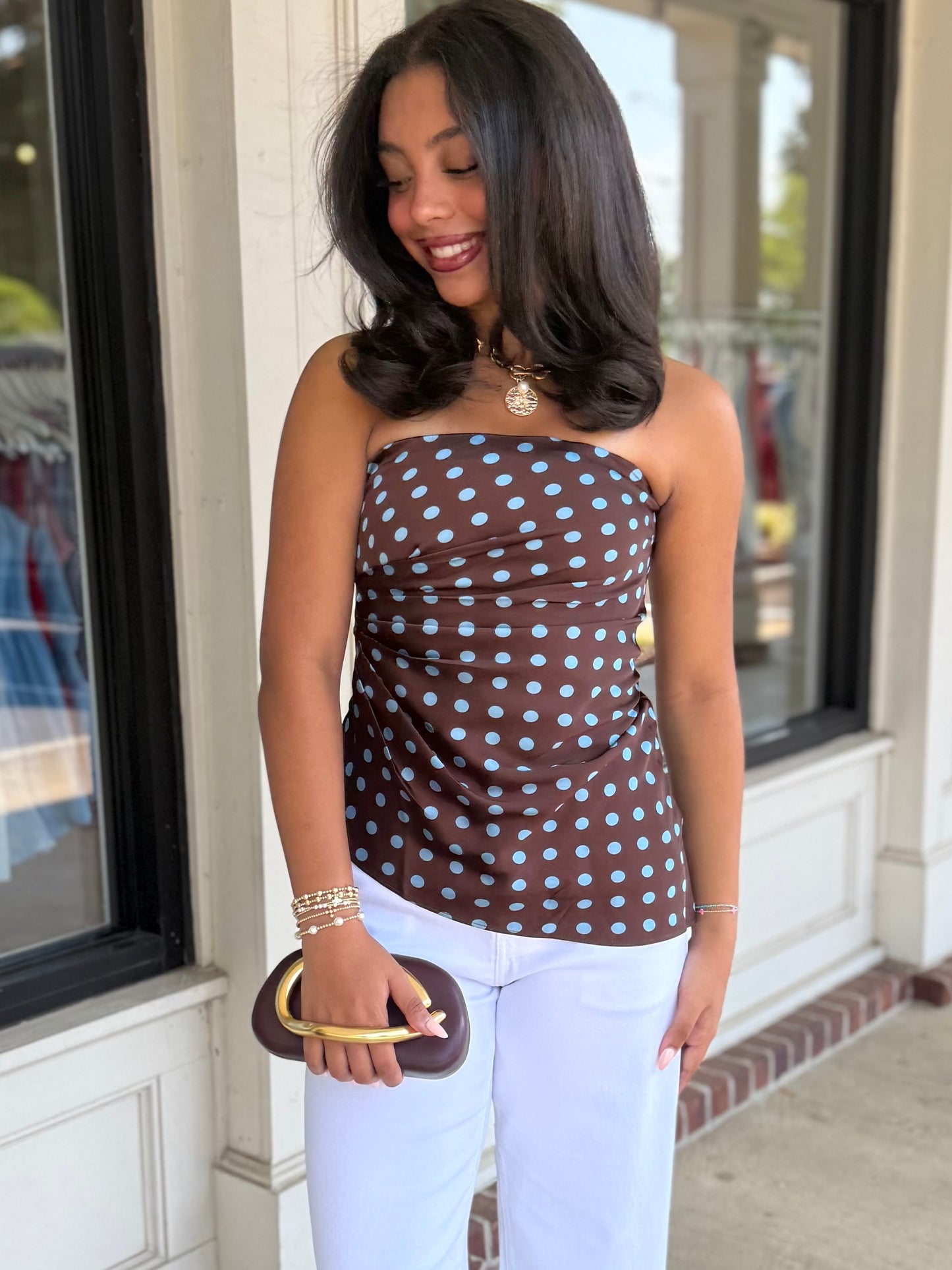 Brown/Blue Polka Dot Top