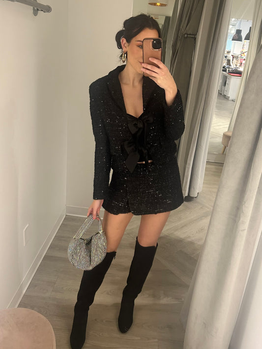 Black Tweed Overlap Skort