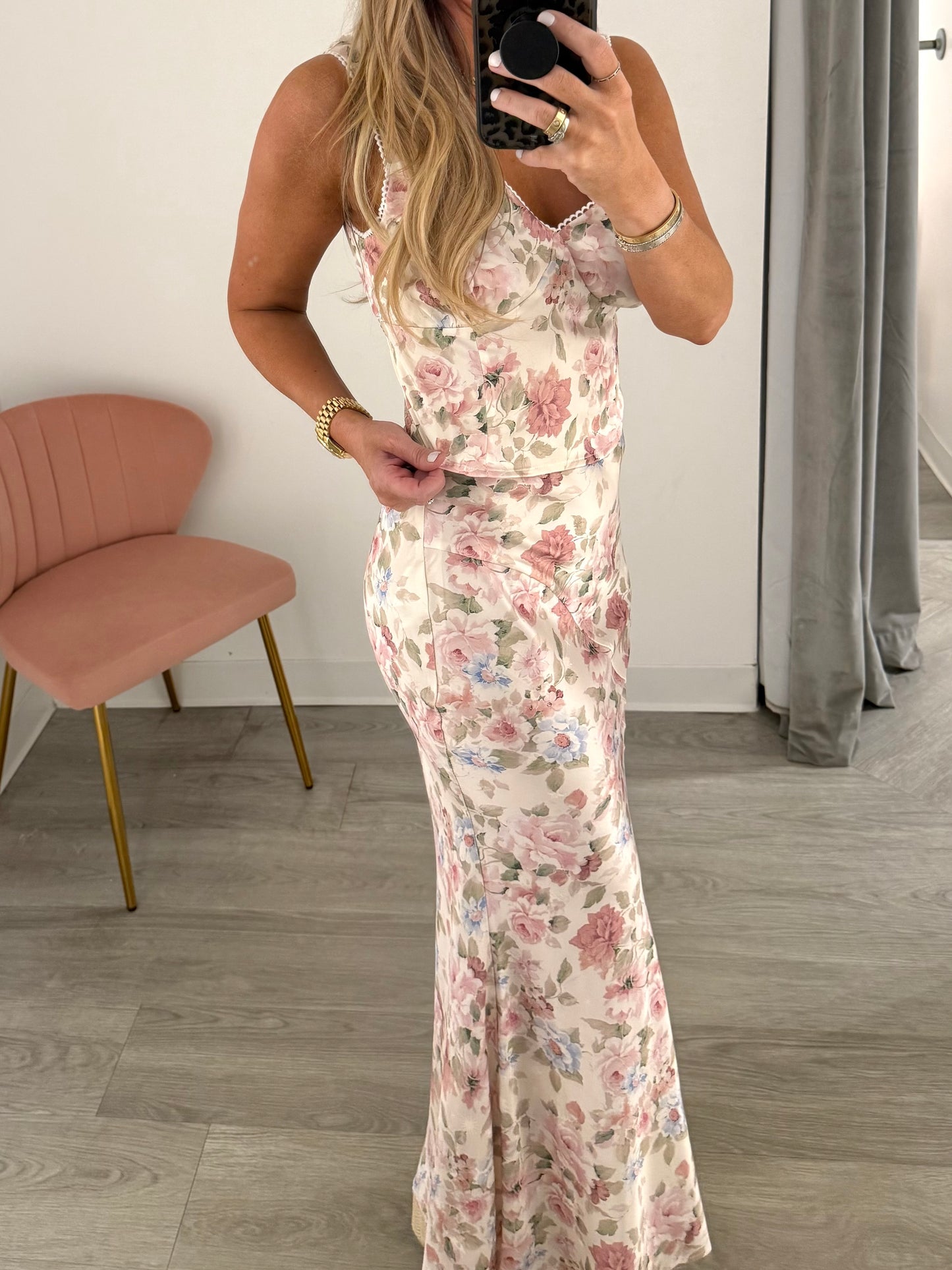 Ivory Floral Bias Midi Skirt