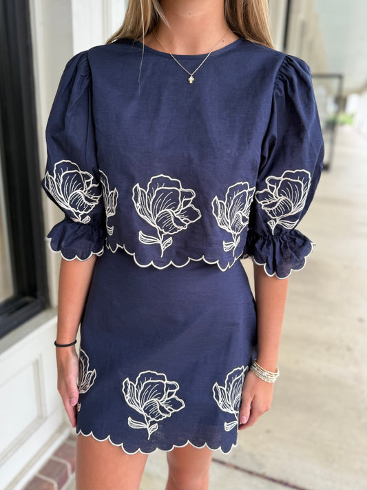 Navy Embroidered Crop Top