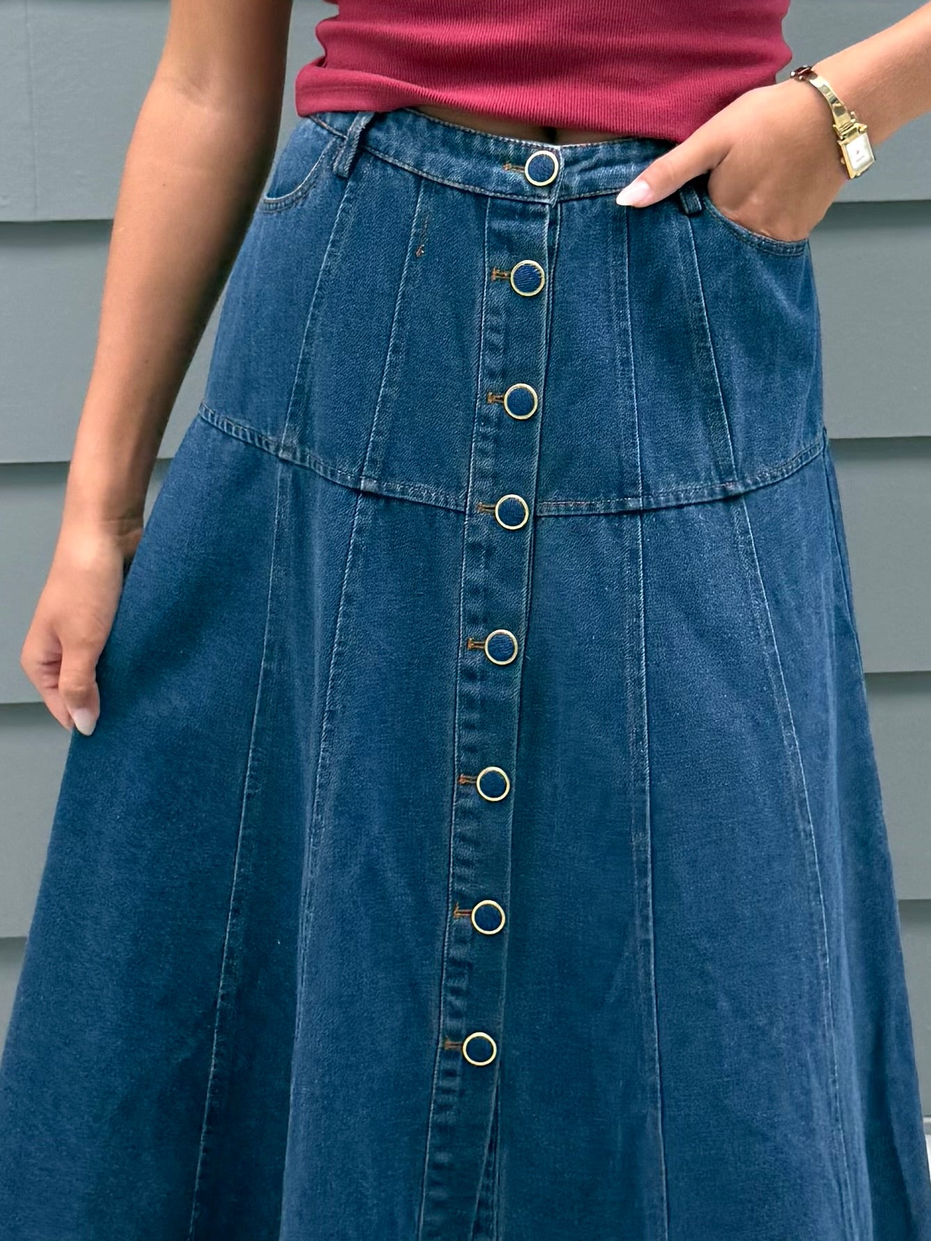 Blue Panel Detail Midi Skirt