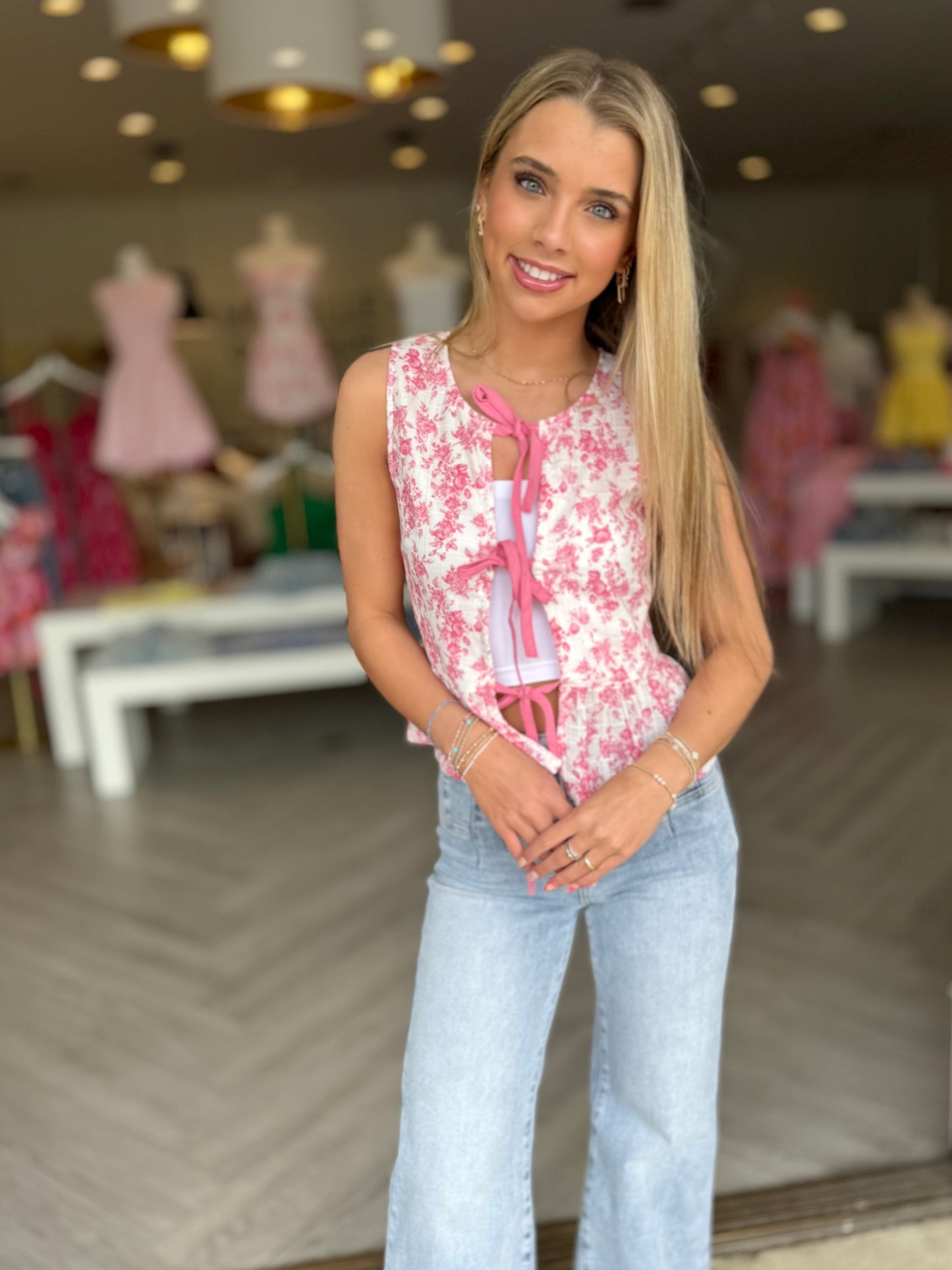 Red Floral Triple Ties Top