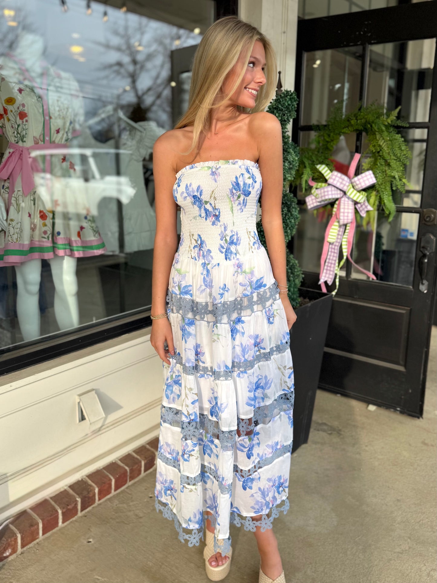 Floral Smocked Lace Trim Midi
