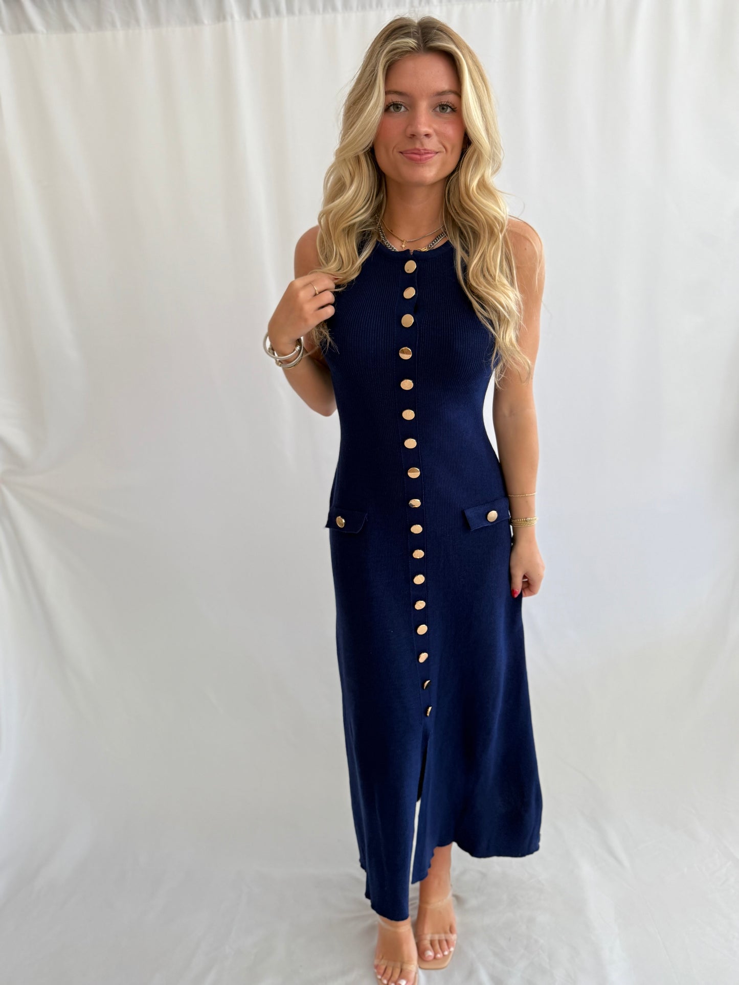 Navy Gold Button Knit Dress