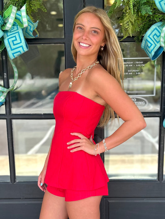 Red Linen Strapless Top