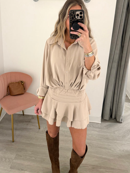 Beige Flowy Woven Shirt Dress