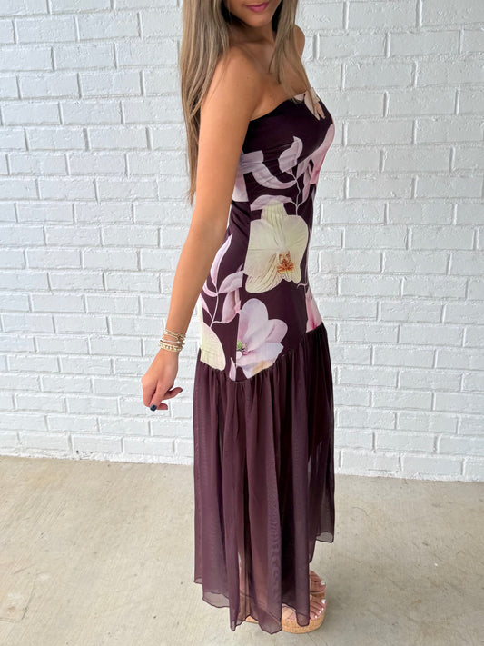 Brown Strapless Sheer Floral Maxi