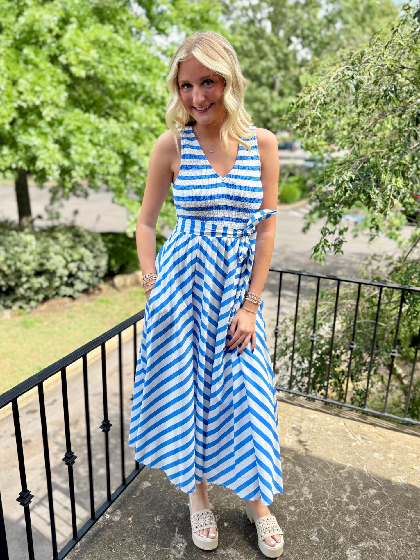 Blue Smocked V Midi