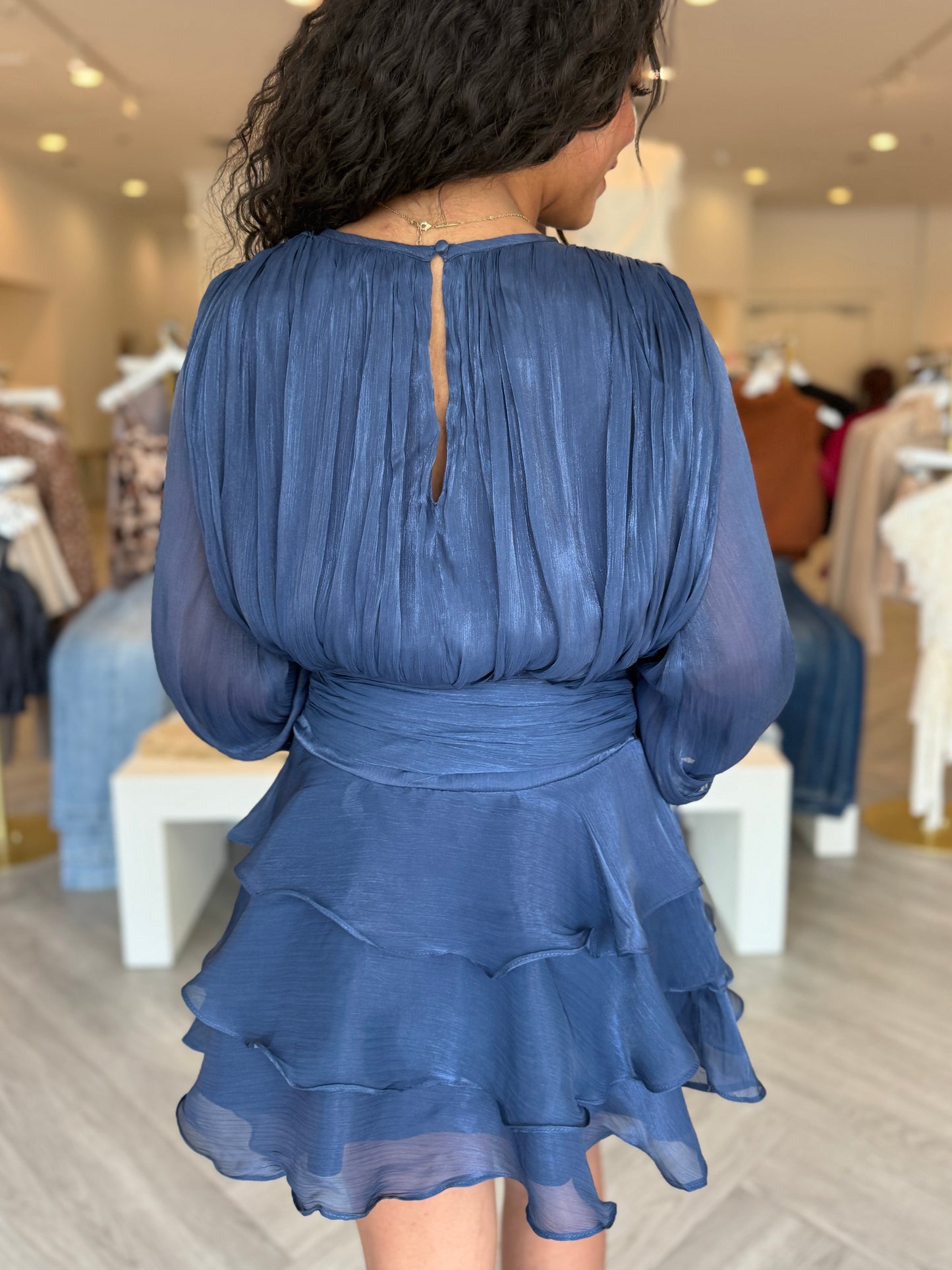 Navy Shimmer Ruffle Top