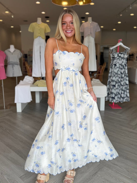 Blue Floral Scallop Midi Dress