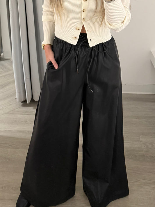 Black Leather Wide Leg Pant