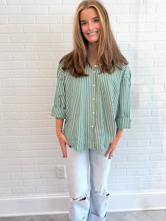 Green/White Stripe Button Down