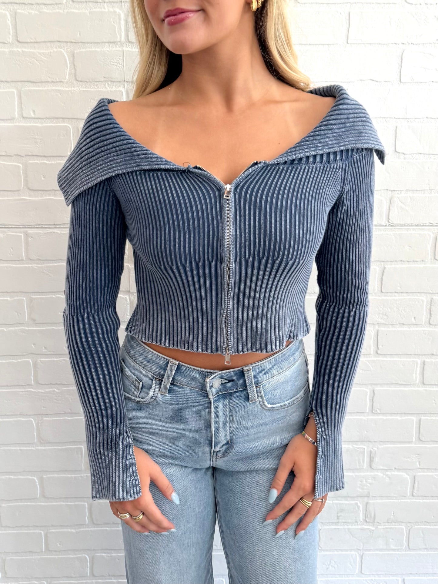 Navy Mineral Wash Zip Up Top