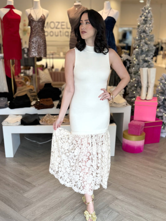 Ivory Lace Mock Neck Dress