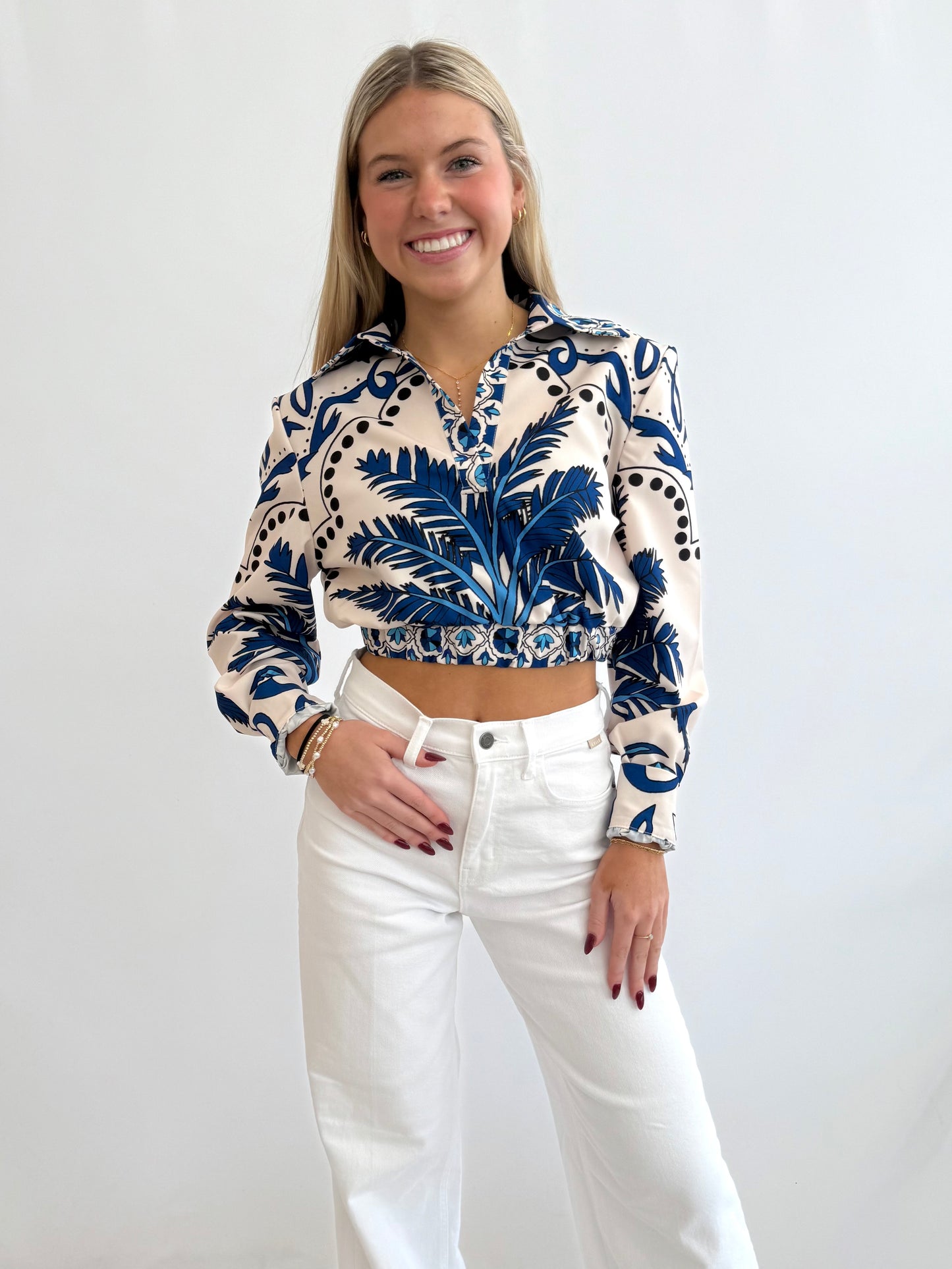 Blue Printed V-Neck Crop Top