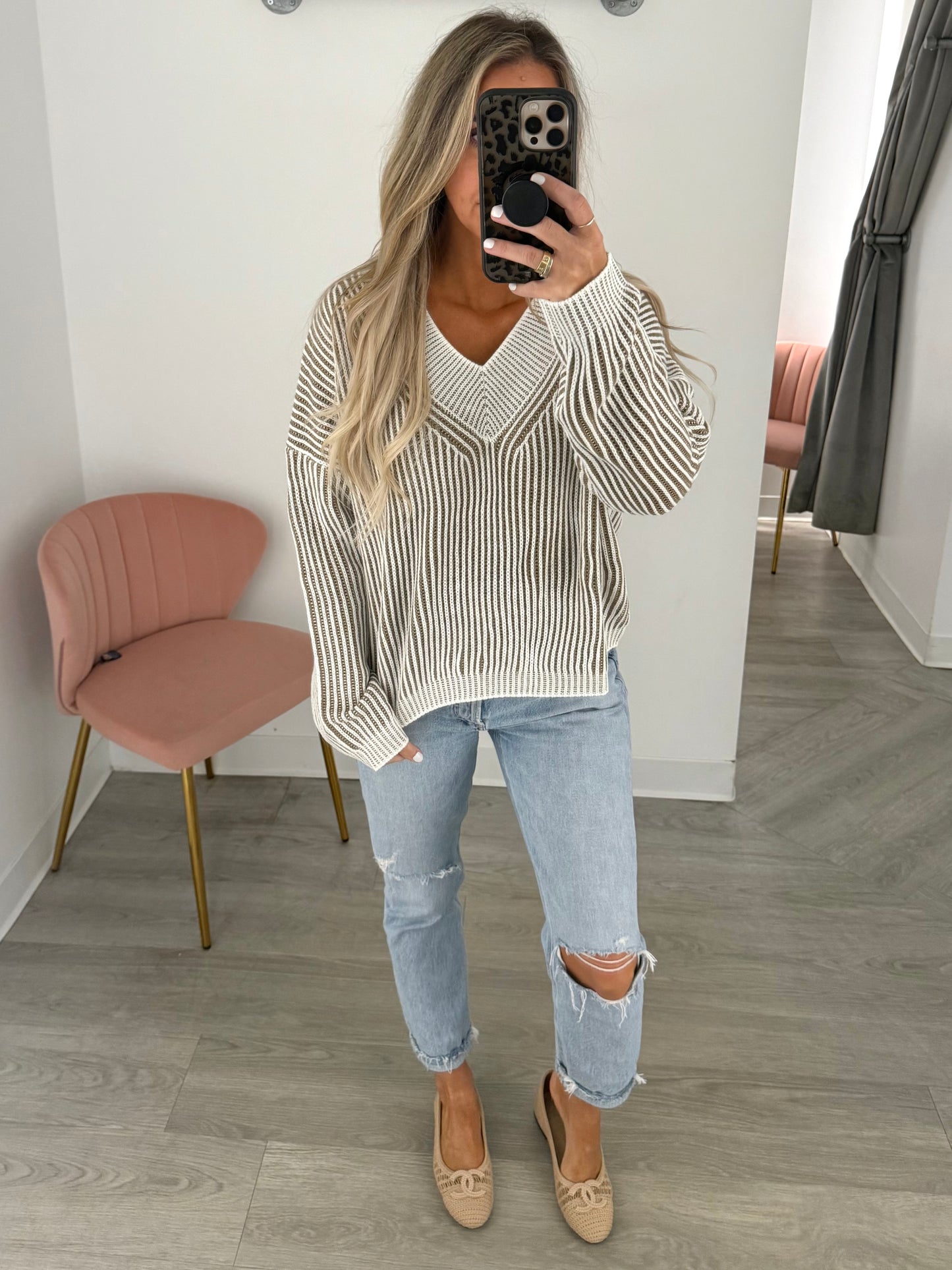 Taupe/White Border Neck Sweater