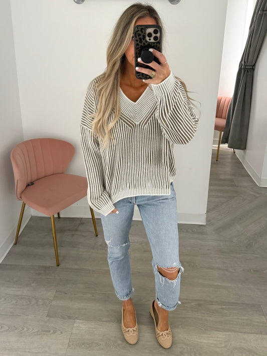 Taupe/White Border Neck Sweater