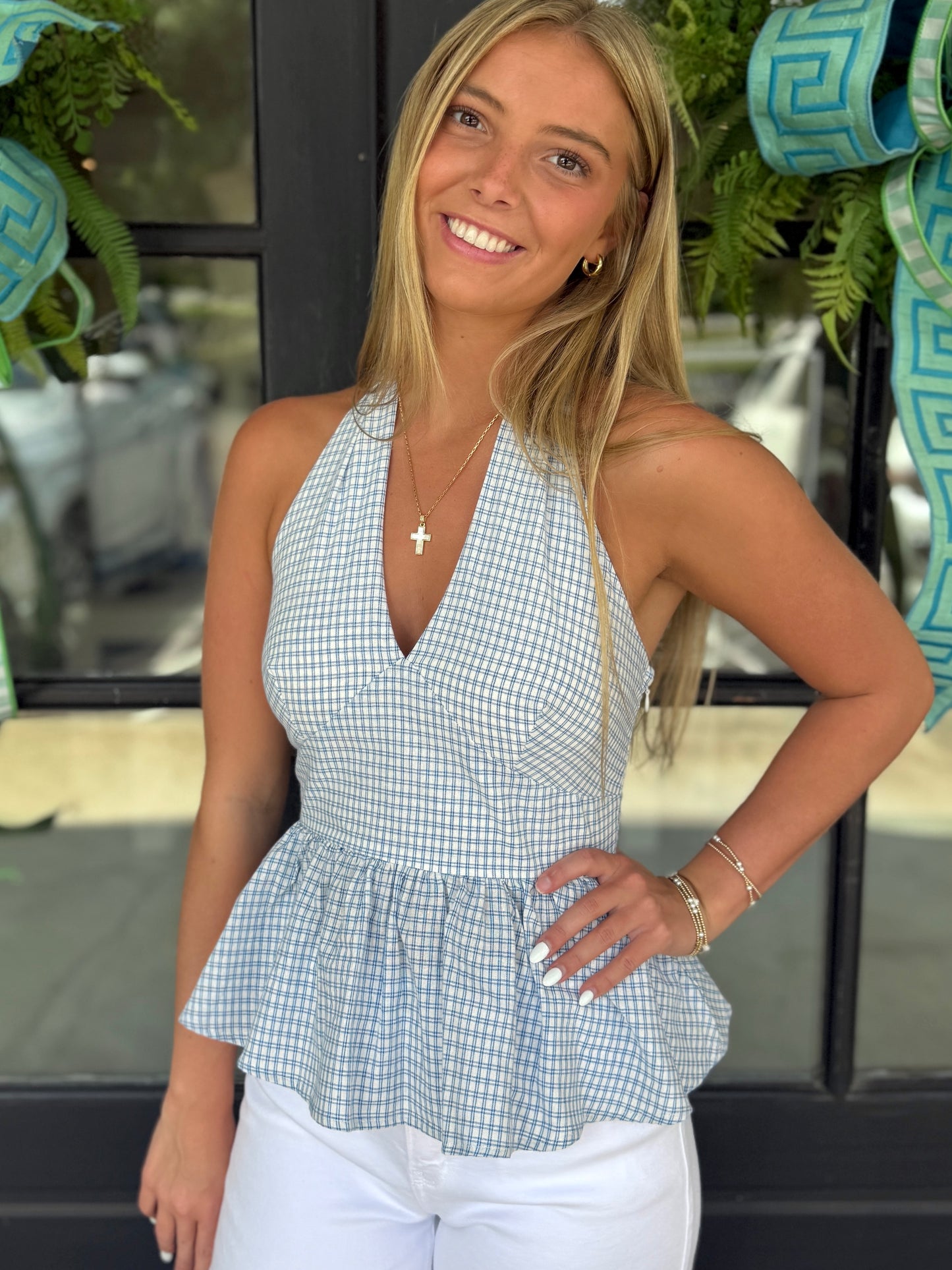 Blue Halter Plaid Top