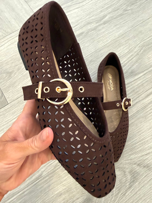 Brown Suede Cross Cut Buckle Flat