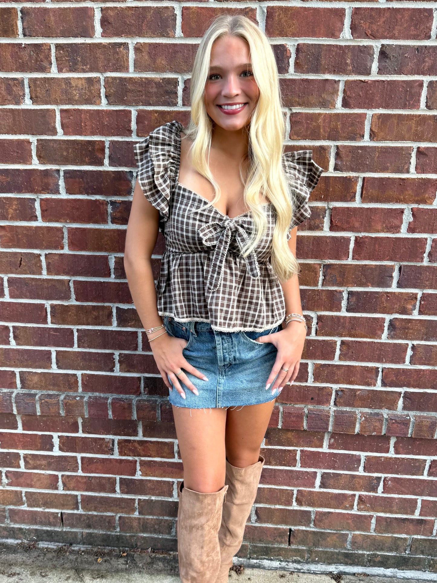 Brown Plaid Gingham Top