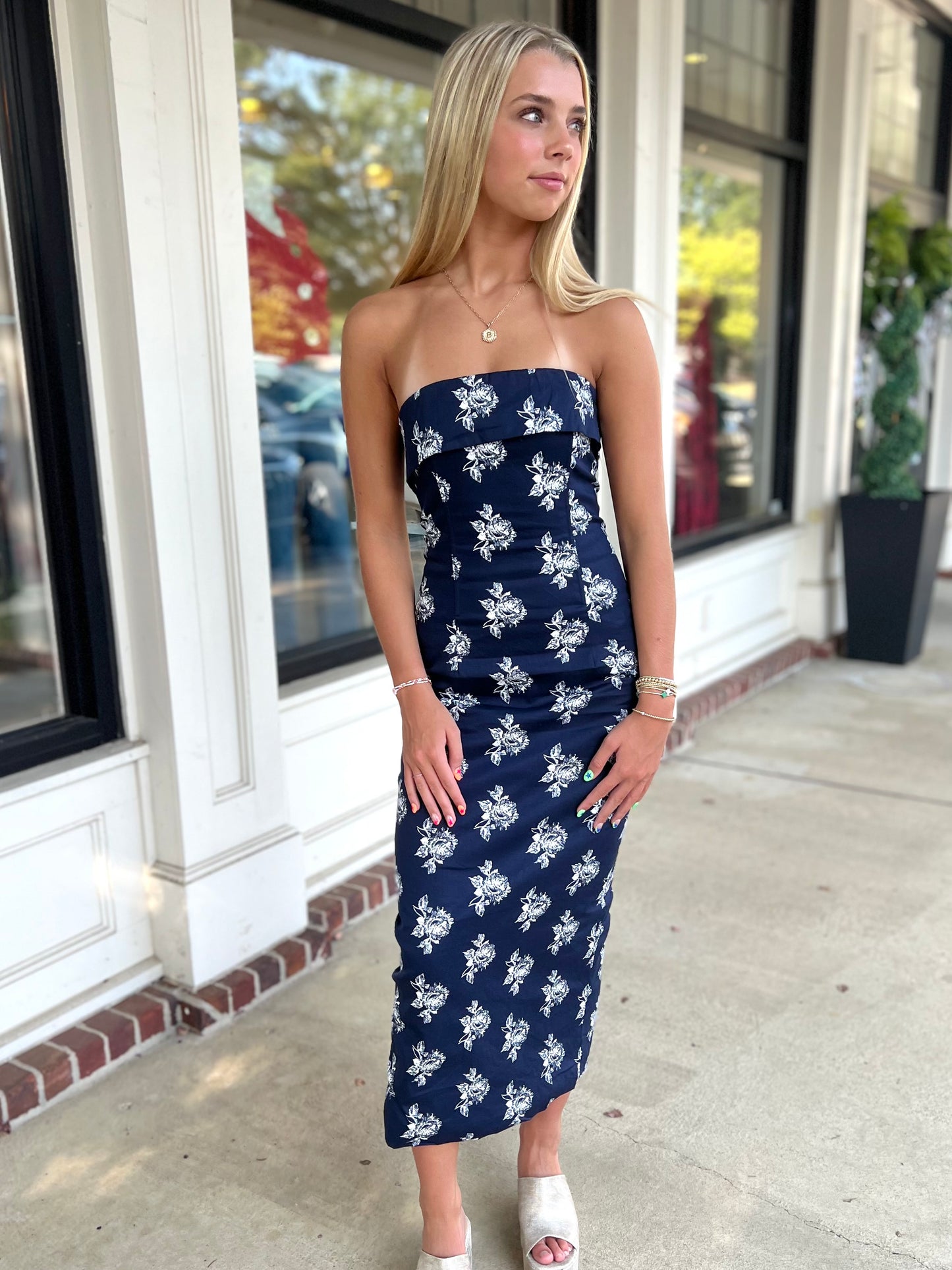 Navy Rose Floral Printed Midi