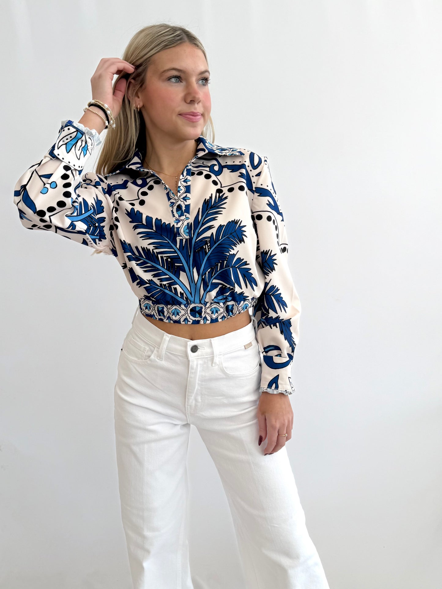 Blue Printed V-Neck Crop Top