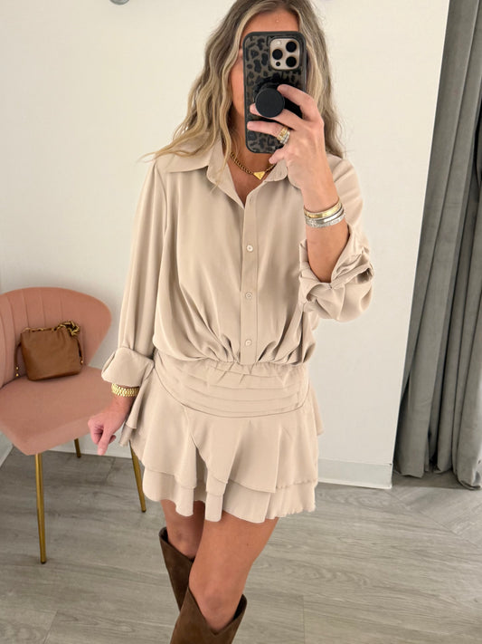 Beige Flowy Woven Shirt Dress