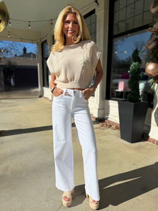 White Stretch Wide Leg Jean