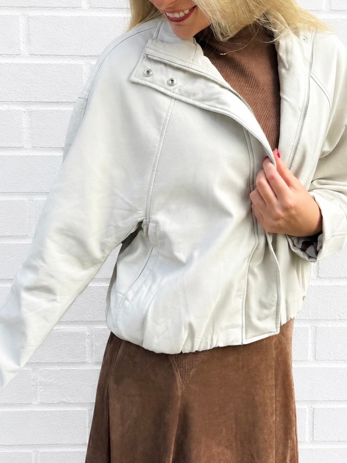 Ivory Leather Bomber Jacket