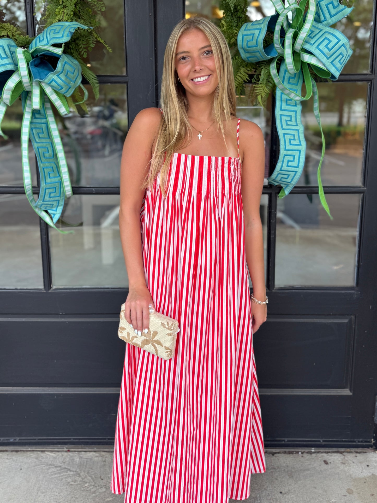 Red Pink Pleated Stripe Maxi