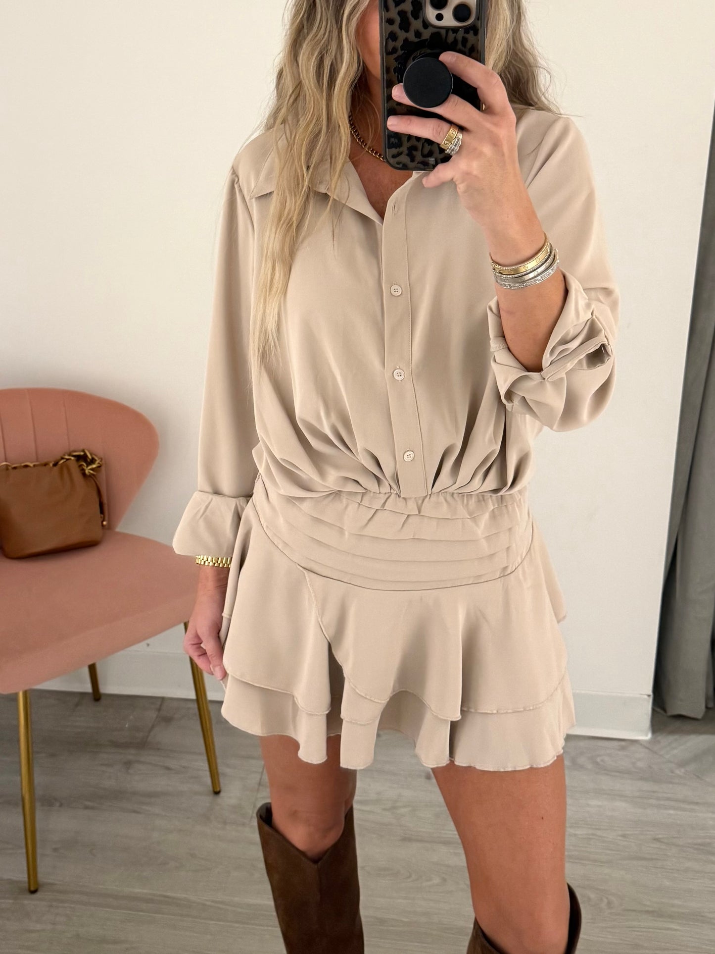 Beige Flowy Woven Shirt Dress