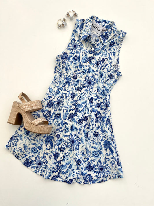 Cream Blue Collared Dress